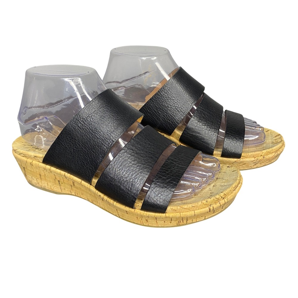 Kork-Ease Menzie Black Leather Cork Wedge Sandals Slides Comfort Shoes Size 8‎